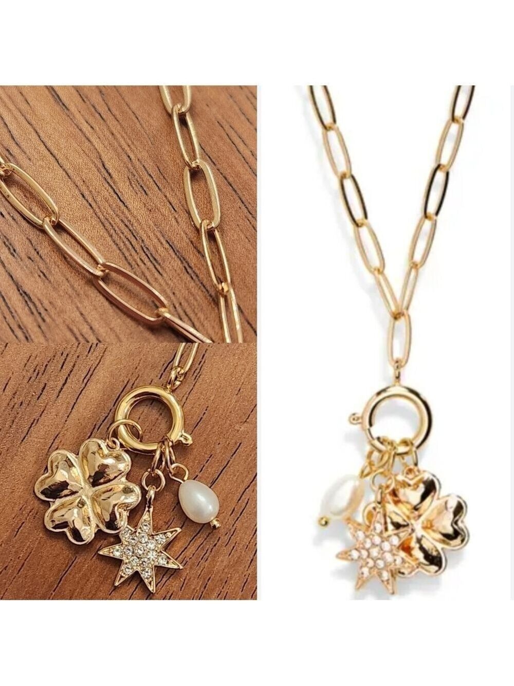 CARA PAPERCLIP CHAIN FAUX PEARL LUCKY CHARM NECKLACE NWT